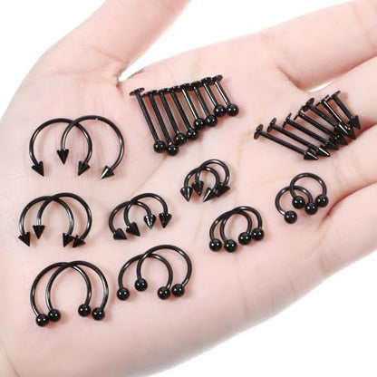 32Pcs Lip Rings for Women 16G Stainless Steel Horseshoe Labret Studs Monroe Lip Barbell Ring Snake Bite Piercing Jewelry Helix Earring Daith Tragus Cartilage Surgical Steel Jewelry - color: Black