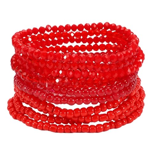 Bohemian Multilayer Beaded Stackable Stretch Bracelets for Women Colorful Crystal Glass Resin Seed Beads Elastic Wristbands BFF Friendship Summer Beach Hawaii Jewelry - color: Red