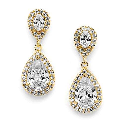 Mariell Cubic Zirconia Crystal Teardrop Dangle Bridal and Wedding Earrings, CZ Jewelry for Brides, Bridesmaids, Homecoming, Prom and Dressy Everyday Wear - color: Gold-Clear Cubic Zirconia