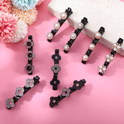8 Pcs Braided Hair Clips for Women, Sparkling Crystal Stone Pearl Barrette | Rhinestone Duckbill Braid Clips for Women with 3 Small Flower Crystal Hair Accessories Girls Styling Sectioning - color: PURPLE, PINK AND WHITE