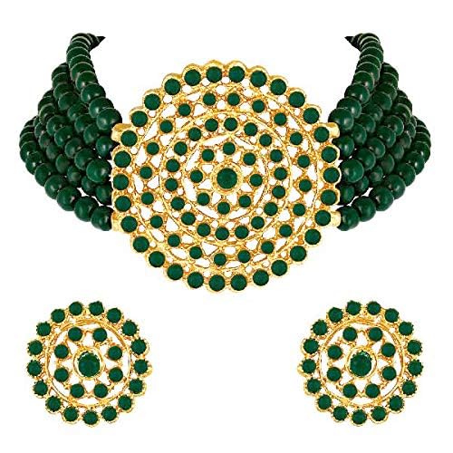 Aheli Pearl Diamond Choker Necklace & Round Earrings Gift for Women Indian Traditional Bollywood Fashion Bharatanatyam jewellery set - color: Green 2