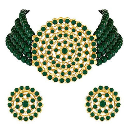 Aheli Pearl Diamond Choker Necklace & Round Earrings Gift for Women Indian Traditional Bollywood Fashion Bharatanatyam jewellery set - color: Green 2