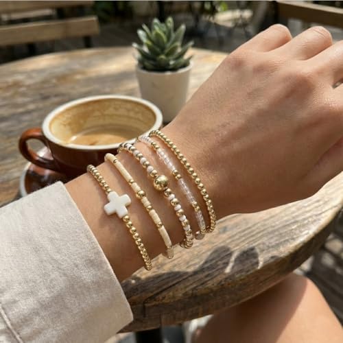 Gold Bracelets for Women, Beaded Cross Stack, Non Tarnish Set，Set-1 | Gold Beaded Bracelet Stack with Stretch Fit, Waterproof Finish and Dainty Design for Everyday Wear and Gifts - color: Colors-8
