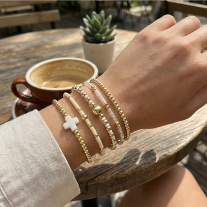 Gold Bracelets for Women, Beaded Cross Stack, Non Tarnish Set，Set-1 | Gold Beaded Bracelet Stack with Stretch Fit, Waterproof Finish and Dainty Design for Everyday Wear and Gifts - color: Colors-8