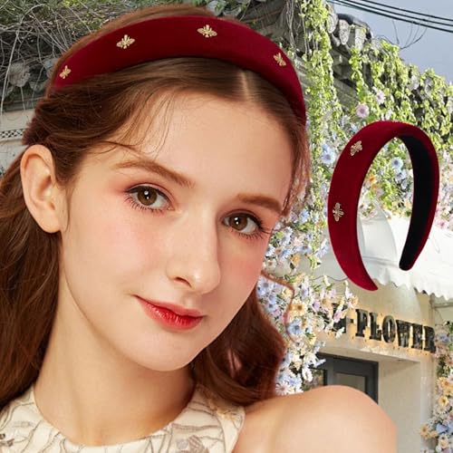 Headbands for Women Wide Trendy Padded Hair Band Non Slip Elastic Vintage Hair Accessories for Daily Wear Outfit - color: Red, size: 1 Count (Pack of 1)