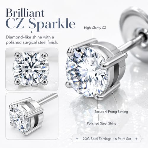 316L Stainless Steel Stud Set for Women Men, 20G Hypoallergenic Cartilage Jewelry with 2mm–8mm CZ Zirconia, Silver & Gold for Sensitive Ear Piercing - color: 18K White Gold