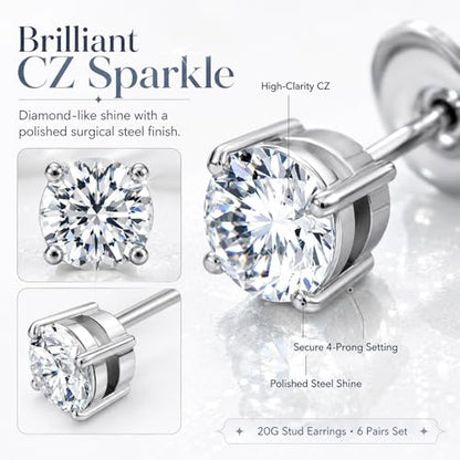 316L Stainless Steel Stud Set for Women Men, 20G Hypoallergenic Cartilage Jewelry with 2mm–8mm CZ Zirconia, Silver & Gold for Sensitive Ear Piercing - color: 18K White Gold