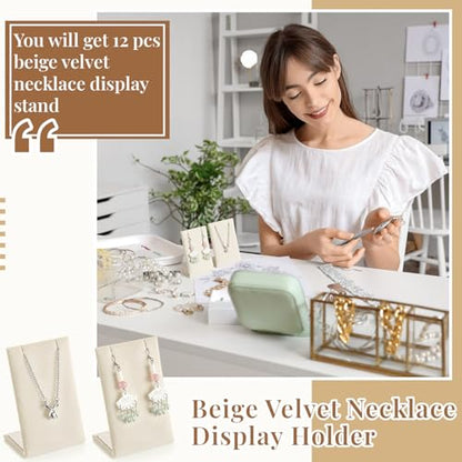 RattanView 12 Pieces Velvet Earring Display Stand Necklace Pendant Jewelry Stand Showcase Organizer Display Holder for Earring Pendant Accessory Rack(Beige,Straight Style,Velvet) - color: Beige