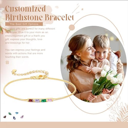 Sterling Silver Personalized 1-6 Birthstone Bracelet for Women Mothers Day Bracelet for Mom Daughter Custom Dainty Jewelry for Christmas Birthday Gift Ideas - style: Gold-4 stones