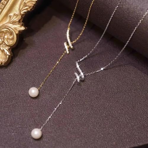 925 Sterling Silver Lariat Necklace for Women | Long 14K Gold Plated Y-Shaped Pearl Necklace CZ Crystal Ball Sparkle Necklace for Mother Daughter Bride Wedding Jewelry - color: Style 1-Sliver
