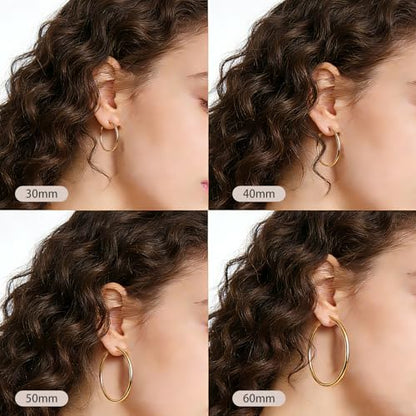 4/6 Pairs 14K Gold Plated Silver Hoop Earrings Set for Women Hypoallergenic | 30 40 50 60 mm, Lightweight Thin Hoops, 316L Surgical Stainless Steel for Sensitive Ears, Everyday Wear to Evening Outfits - color: 4 Pairs(30/40/50/60mm)-Gold