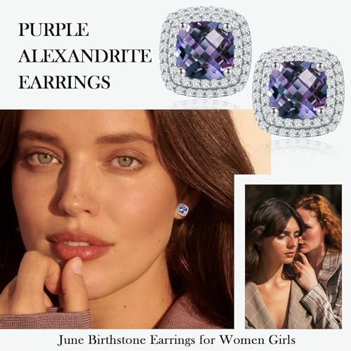 Dainty Birthstone Earrings for Women Sterling Silver Small Stud Earrings with Halo Cushion/Round Created Gemstone Earrings Birthstone Jewelry - style: A 06. Jun./created alexandrite-cushion cut