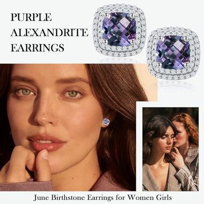 Dainty Birthstone Earrings for Women Sterling Silver Small Stud Earrings with Halo Cushion/Round Created Gemstone Earrings Birthstone Jewelry - style: A 06. Jun./created alexandrite-cushion cut