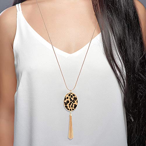 MOLOCH Long Necklaces For Woman Disk Circle Pendant Necklaces Tassel Fringe Necklace Set Statement Pendant - color: oval--gold-light leopard