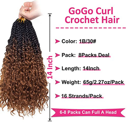 Unionbeauty 14 Inch Boho Box Braids Crochet Hair 8 Packs Goddess Box Braids Crochet Hair Curly Ends Pre-looped Bohemian Hippie Braids Ombre Synthetic Braiding Hair Extension for Black Woman 1B/30# - color: 1B/30#, size: 14 Inch (Pack of 8)