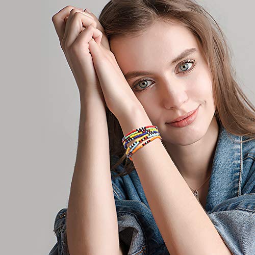 HEIDKRUEGER Bead Stretch Bracelets Independence Colorful Tiny Beaded Stackable Vsco Bracelets Boho Summer Vacation Adjustable Bangle Bracelet for Women Girls 14Pcs - color: multi-color