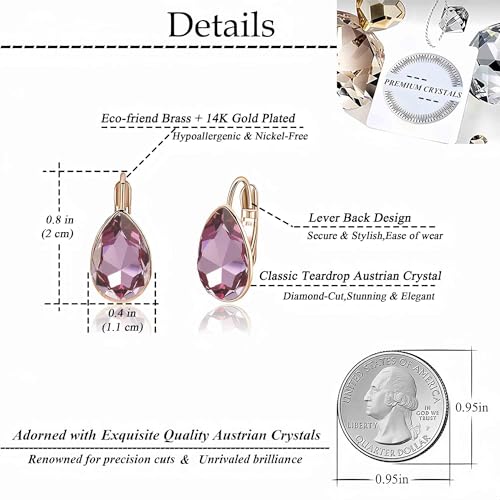 Austrian Crystal Teardrop Leverback Drop Earrings for Women | 14K Gold-Plated Finish, Sparkling Pear Stone, Smooth Bezel Frame, Secure Leverback Closure, Dainty Day-To-Evening Style - color: Amethyst