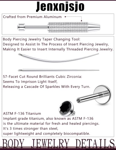 Jenxnjsjo F136 Titanium 20/18/16g Earrings Nose Lip Rings Studs Labret Medusa Tragus Helix Conch Cartilage Piercing Jewelry for Women - color: Black, size: 20g