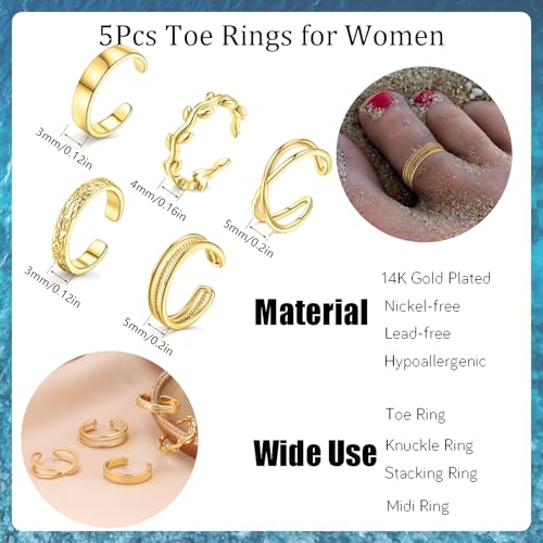 5Pcs Toe Rings for Women | Adjustable Toe Rings,Non Tarnish Ring,Open Band Toe Rings Set Summer Beach Gifts - color: Gold