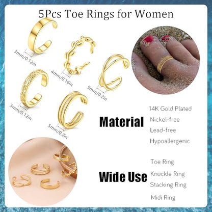 5Pcs Toe Rings for Women | Adjustable Toe Rings,Non Tarnish Ring,Open Band Toe Rings Set Summer Beach Gifts - color: Gold