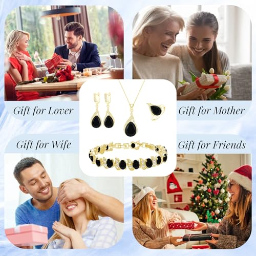 GZWHD Jewelry Set for Women CZ Earrings Necklace Ring Bracelet Set Prom Party Wedding Jewelry Gift for Mother Friend Wife - color: B-Gold-Black
