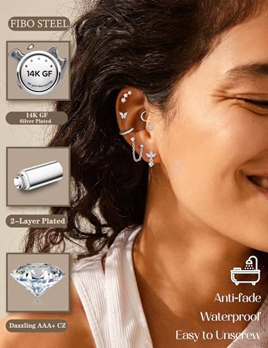 Cartilage Earrings for Women - 14K Gold Plated Flat Back Helix Conch Tragus Piercing Jewelry Single Stainless Steel Stud Earrings Hoops Stackable Set - color: Silver Tone