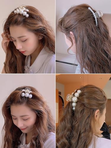 4PCS Multi-Size Faux Pearl Hair Claw Clips Set - Adjustable French Barrettes for Thick/Thin Hair, Wedding/Party Hair Accessories with 4 Different Sizes