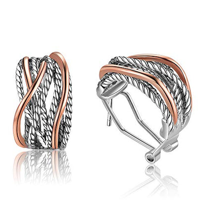 Mytys Two Tone Huggie Hoop Earrings Cross Over Design Twisted Rope Silver Gold Statement Wide Band Clip On Hoops for Women Fashion Jewelry Gift - color: Rose Gold & Silver