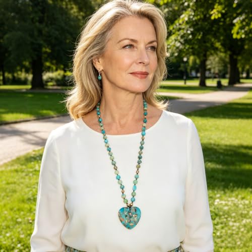Long Necklaces for Women Boho, Oval Waterdrop Turquoise Pendant, Natural Stone Beaded, Handmade,Vintage & Elegance, Boho Fashion Charm Beaded Necklace for Women - style: Q-Heart-Shaped Turquoise