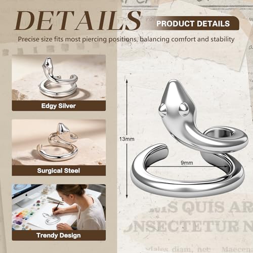 Gothic Stainless Steel Ear Cuffs Non Piercing Cartilage Clip On | Punk Emo Y2k Alt Goth Style,Men Women,Silver Fake Earring,Hypoallergenic Adjustable,Jewelry Gift,Edgy design - color: K11-Silver Snake Design