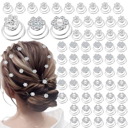 60 PCS 3 Shapes Gems Rhinestone Twister Hair Studs Set Diamond Spiral Pearl Flower Jewels Hair Pins Sticks for Wedding, Bridal, Prom, Party and Special Occasion(Flower Series) - color: Flower Series