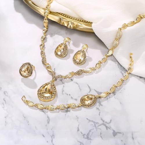 Womens Africa 18k Gold Plated Jewelry Set Crystal Rhinestones Petals Teardrop Cluster Bib Statement Necklace Link Bracelet Dangle Earrings Ring for Prom - color: 07-Champagne Gold-Plated-Base