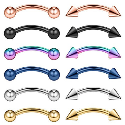 12PCS 16G Surgical Steel Eyebrow Ear Navel Belly Lip Ring Body Piercing Jewelry with Balls&Spikes 6mm 8mm 10mm 12mm - size: 8MM