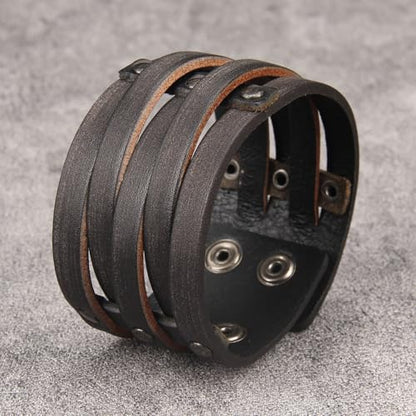 JAOYU Punk Leather Cuff Bracelet Goth Leather Wristband Rock Bracelet Biker Bracelet for Men Leather Armband Black Handmade Jewelry - color: Wrap Leather Bracelet
