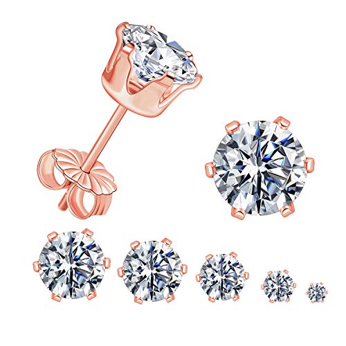 Gemsme 5 Pairs Princess Cut Cubic Zirconia Stud Earrings for Women/Men - 18K Gold Plated Hypoallergenic 3-7mm Square Clear CZ Earring Set - color: 925 Sterling Sliver-Rose Gold-Round 6 Prong