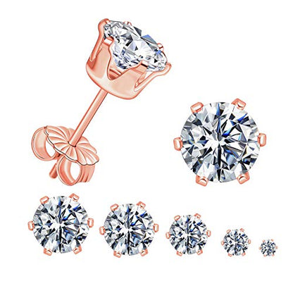 Gemsme 5 Pairs Princess Cut Cubic Zirconia Stud Earrings for Women/Men - 18K Gold Plated Hypoallergenic 3-7mm Square Clear CZ Earring Set - color: 925 Sterling Sliver-Rose Gold-Round 6 Prong