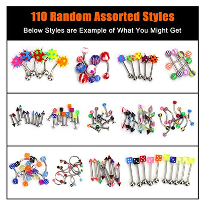 CrazyPiercing Lot of 110PCS Body Jewelry Piercing Eyebrow Navel Belly Tongue Lip Bar Ring