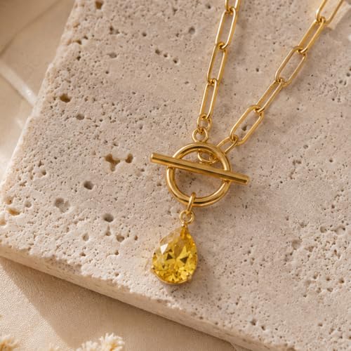 Teardrop CZ Pendant Paperclip Chain Necklace 18K Plated Paperclip Toggle Necklace Jewelry Birthstone Gift for Women - color: Citrine-November