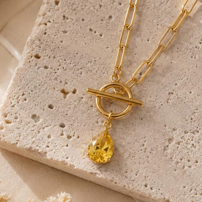 Teardrop CZ Pendant Paperclip Chain Necklace 18K Plated Paperclip Toggle Necklace Jewelry Birthstone Gift for Women - color: Citrine-November