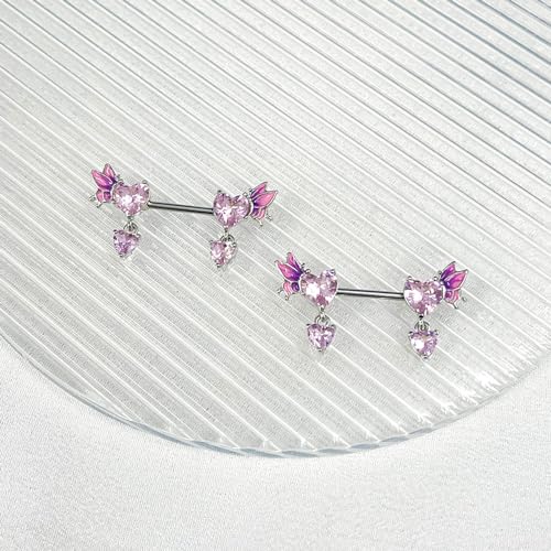 Pink Heart Nipple Rings for Women 14G 16mm Surgical Steel CZ Rhinestone Butterfly Dangling Nipple Shield Studs Body Piercing Jewelry Gifts - color: Pink