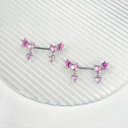 Pink Heart Nipple Rings for Women 14G 16mm Surgical Steel CZ Rhinestone Butterfly Dangling Nipple Shield Studs Body Piercing Jewelry Gifts - color: Pink