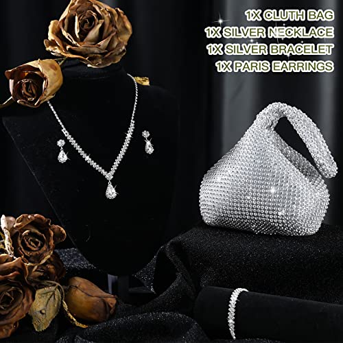 4 Pcs Silver Clutch Purse Jewelry Set for Women Rave Accessories Evening Rhinestone Purse Silver for Bride Wedding - style: Shiny Style