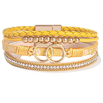 Chunky Boho Leather Wrap Bracelets Cowgirl Beaded Circle Western Jewelry | Stackable Infinity Layered Bohemian Magnetic Clasp Cuff Statement Fashion Colorful Country Hippie Outfits for Women Trendy - color: Yellow