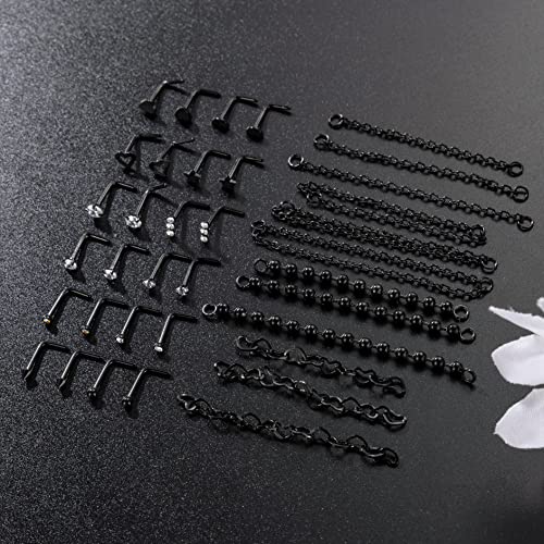 20G Stainlesss Steel Nose Rings Stud Nose Chain Piercing Across Double Nose Stud Womens Nostril Piercing Jewelry - color: L Shaped Black