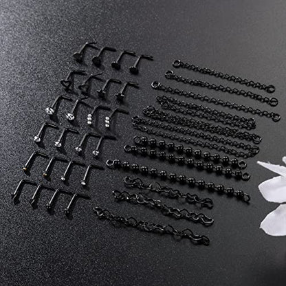 20G Stainlesss Steel Nose Rings Stud Nose Chain Piercing Across Double Nose Stud Womens Nostril Piercing Jewelry - color: L Shaped Black