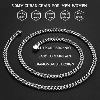 Fiusem Silver Tone/Black/14K Gold Plated Chain Necklace for Men, 5mm/6mm/7.5mm/8mm/9mm Stainless Steel Cuban Link Chain Necklace, Men's Chains 18-28 Inch Jewelry Gifts - size: 18", style: 5mm silver