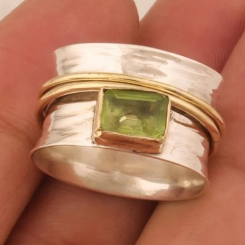Creative Olive Green Synthetic Gemstone Two Tone Wide Ring for Women Party Vacation Bohemian Jewelry - color: Silver & Gold
