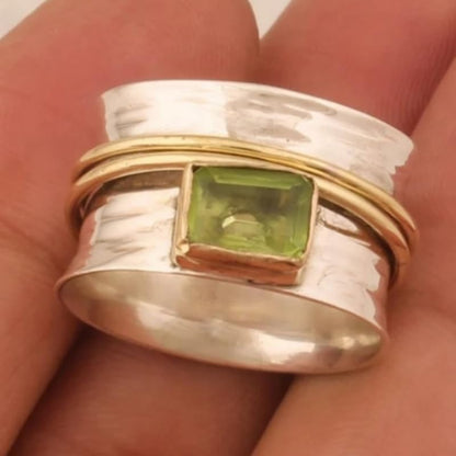 Creative Olive Green Synthetic Gemstone Two Tone Wide Ring for Women Party Vacation Bohemian Jewelry - color: Silver & Gold