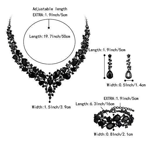 Wedding Bridal Jewelry Set for Women Bride Bridesmaids | Gorgeous Austrian Crystal Teardrop Cluster Statement Necklace Dangle Earrings Link Bracelet Set Prom Jewellery - color: 02-Black Black-Tone