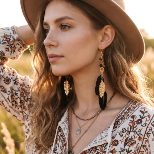 FRESHME Native American Earrings for Women - Ethnic Boho Feather Dangle Jewelry with Tessel for Birthday Party Photoshoot - color: Black
